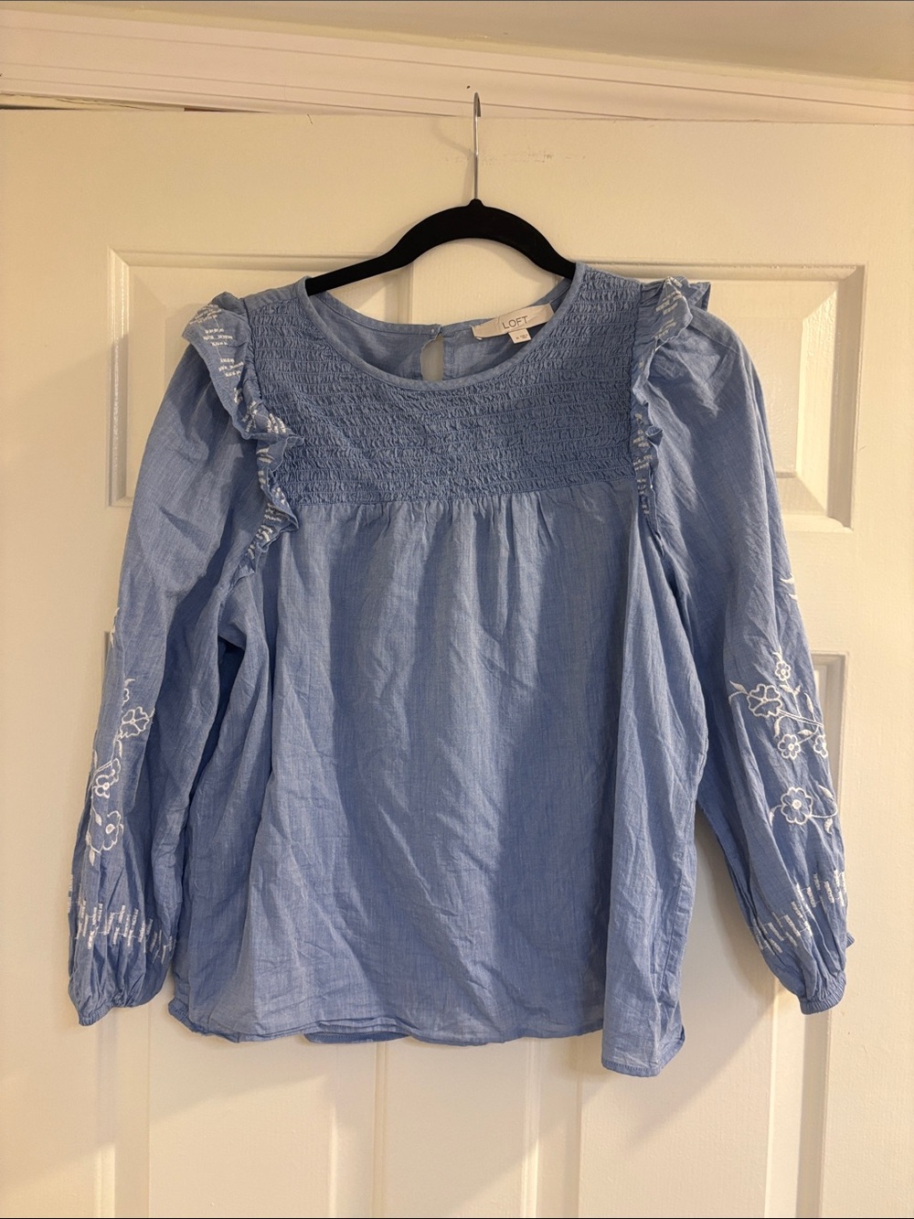 LOFT Blue Smocked Yoke Ruffle Sleeve Embroidered Blouse